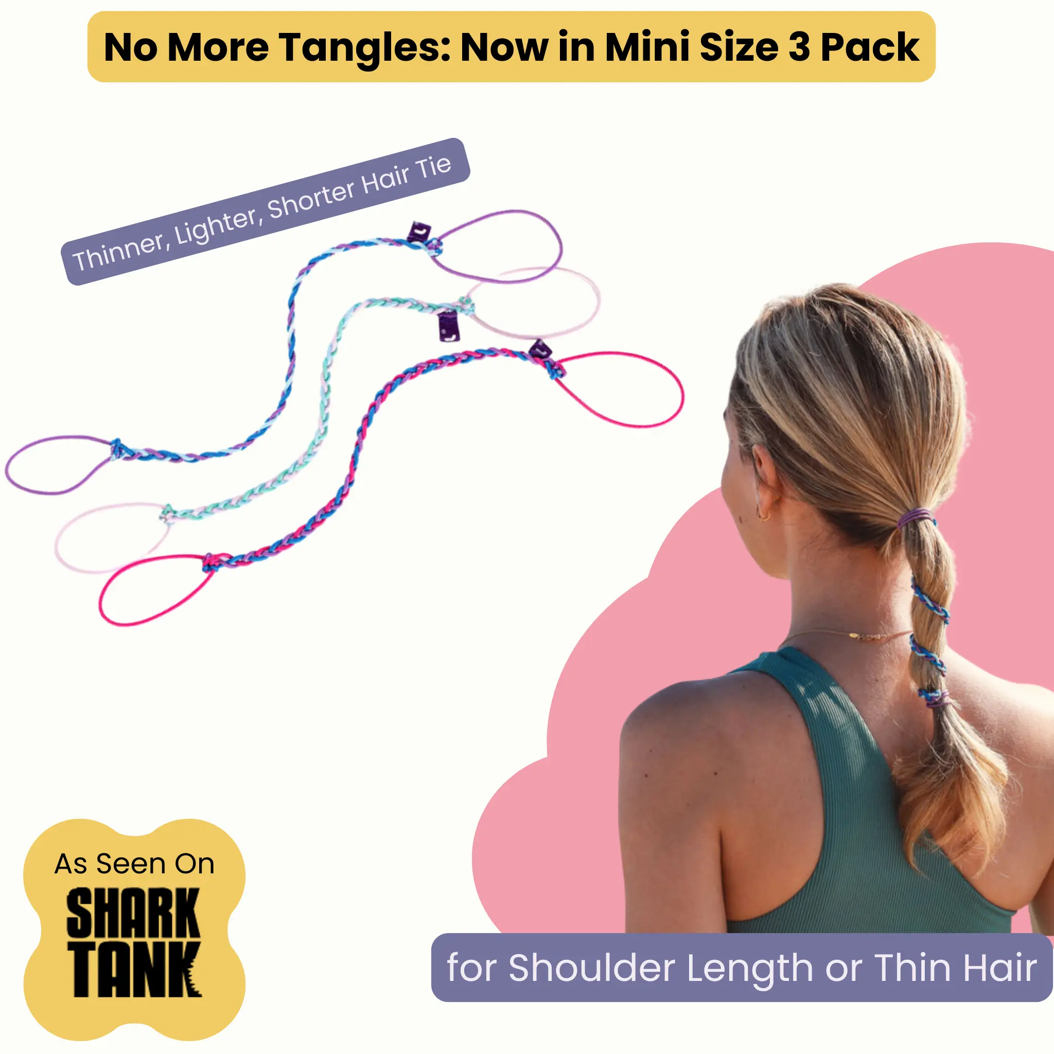 Rip Tie Mini Soft Tangle-Free Hair Tie for Women, Nylon Hair Elastic, Colorful Hair Accessory - As Seen on Shark Tank - 3 Pack