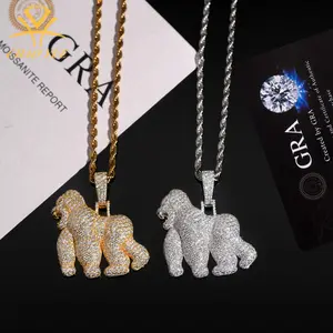 [ICE HUE]18K Gold Vacuum Plated S925 with 5A+ Sri Lanka Moissanite Gorilla Pendant, Streetwear Chic Jewelry Gift Idea, Design Patent Inspired, Free Copper Necklace Included