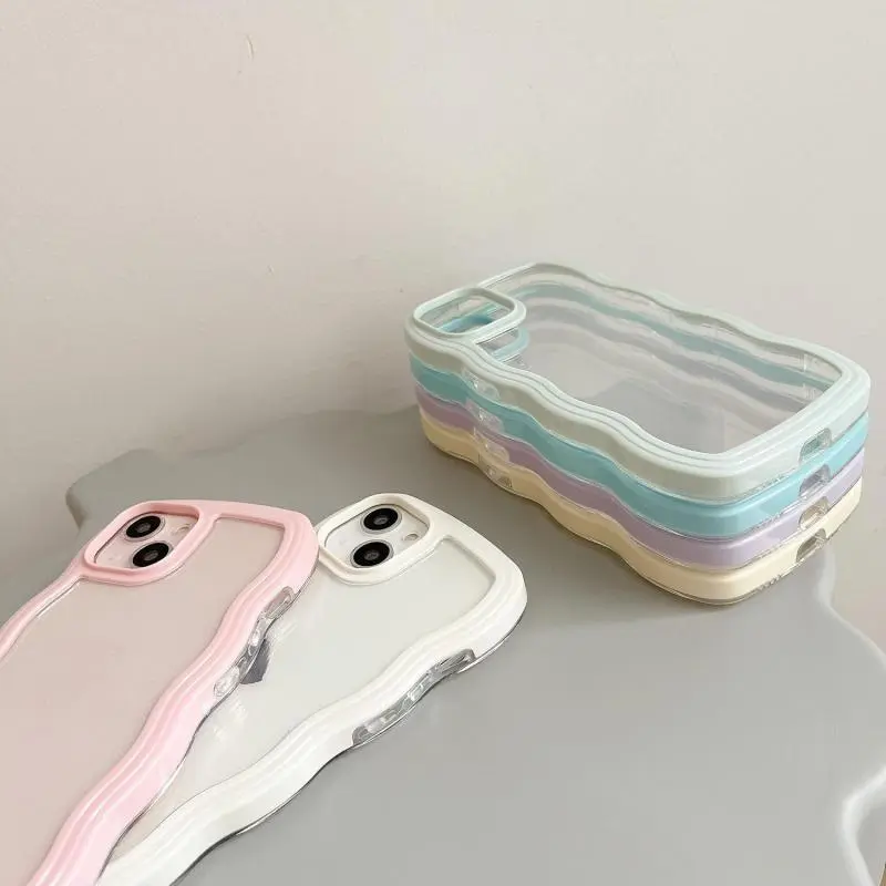 Phone case Compatible with iPhone 17 16 15 14 13 12 pro max plus Case, Cute Curly Wave Frame Clear Case for Girls Women, Transparent Soft Silicone TPU Bumper Shockproof Protective Cover