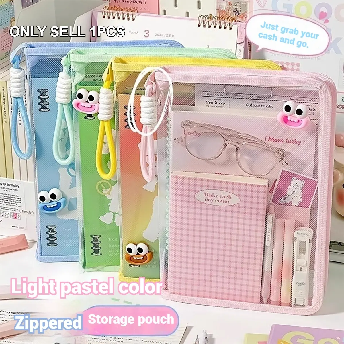 Transparent A4 Zipper File Folder, Plastic File Folder, File Storage, Large Capacity Waterproof Organizer, Thick School Student Document Bag, with Colorful Strap, Office & School Use, Cute File Folders