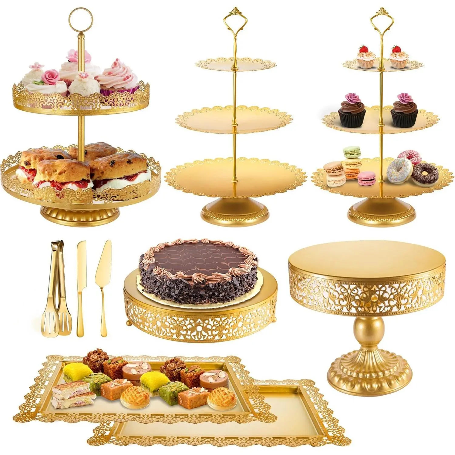10-Piece Glamorous Gold Metal Cake Stand Set - Square Birthday Treat Trays, Round Base Cupcake Holders, Stable Dessert Display for Weddings, Parties, Cake Decorating Supplies