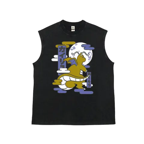 Men's Washed Vintage Retro Streetwear Tank Top - Soft Fabric Clothes, Dragon Graphic Vests, Japanese Ukiyo-e Style Dragonite Graphic Artwork Vests