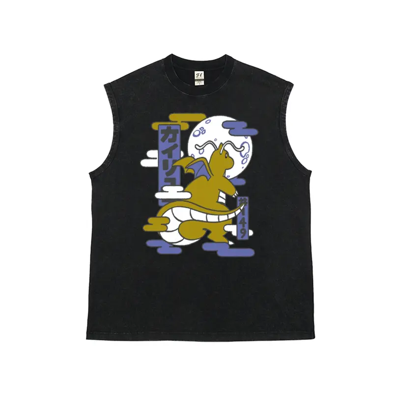 Men's Washed Vintage Retro Streetwear Tank Top - Soft Fabric Clothes, Dragon Graphic Vests, Japanese Ukiyo-e Style Dragonite Graphic Artwork Vests