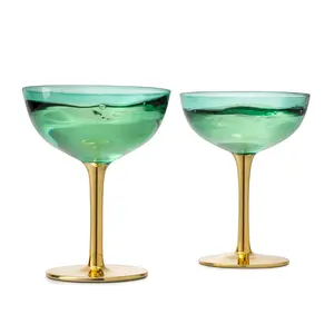 Colored Coupe Art Deco Glasses Gold | Set of 2 | 12 oz Classic Cocktail Glassware for Champagne, Martini, Manhattan, Sidecar, Crystal Speakeasy Style Goblets Stems, Vintage Blue, Teal, Green