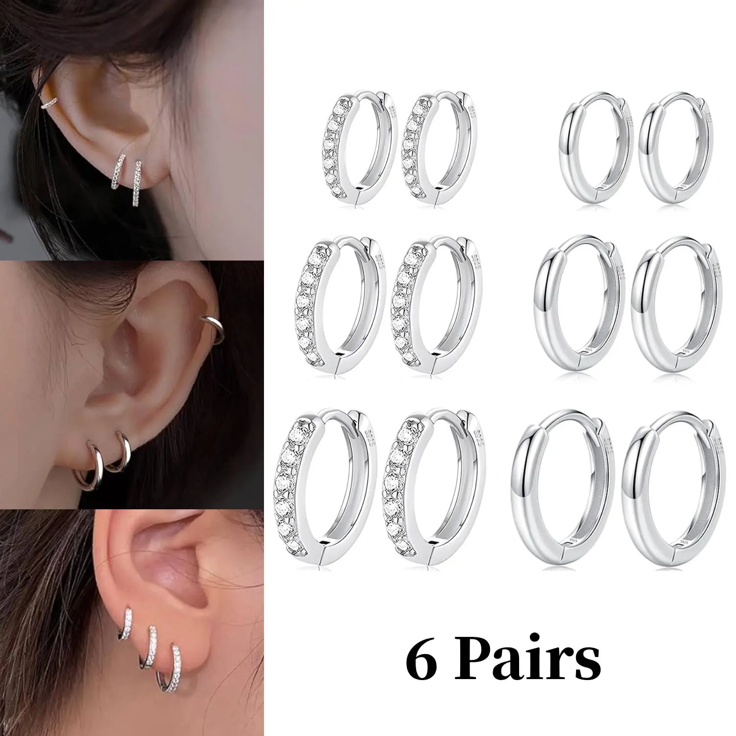 Women's 6-Pair Multi-Size Sterling Silver Small Hoop Earrings - Hypoallergenic Tiny Cubic Zirconia Cartilage Huggie Sets for Multiple Piercings, Trendy Jewelry (8/10/12mm), Earrings For Women