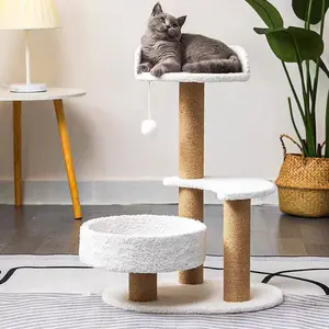 Multi layer climbing cat tower with white sisal rope grab post | Soft floor mat, hanging cat toy, easy to assemble, high load-bearing capacity, suitable for cats of all sizes
