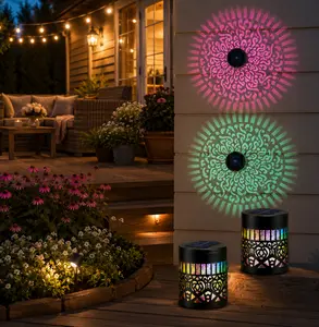 ECOS INNOVATION Seven-Color Changing Solar Mandala Projection Wall Light, Solar Lawn Light  Sunset Lamp Decorative Solar Mandala Lights Outdoor, Waterproof Metal Fence Projector Lamp for Yard Garden Post Patio Backyard Decor