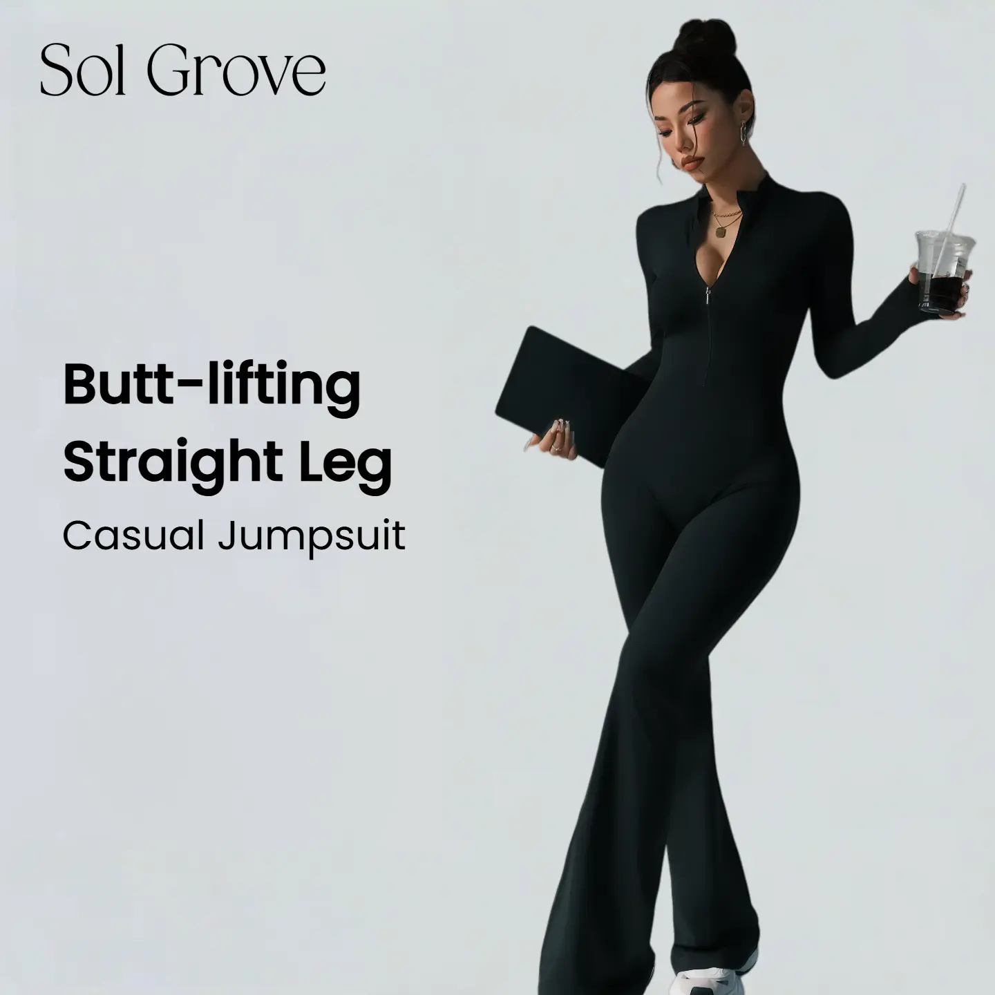 Women's Sol Grove Sienna Casual Seamless Butt-lifting Overalls Romper - Nylon, Elastic Fabric, Quick Dry, Moisture-Wicking, Front Zip, XL, for Yoga & Everyday Comfortable Sportswear