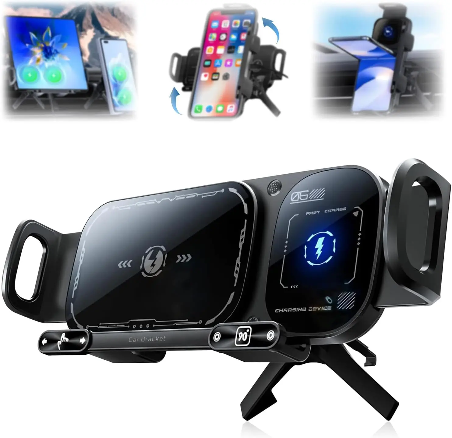 Wireless fast-charging car phone holder, suitable for foldable and regular smartphones, equipped with hooks and clasps, can be rotated 90° with one click and automatically locked with one click.