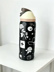 Owala Adorable 32oz Tumbler Black with White Roses & Dice Leak Proof Insulated 24hr Cold Stylish Water Bottle for Teens Trendsetters Drinkware Flasks with Built-in Straw Portable Mug