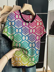 Geometric Print Round Neck Sweater, Casual Short Sleeve Knitwear for Spring Summer Fall, Comfortable Warm Women's Clothing