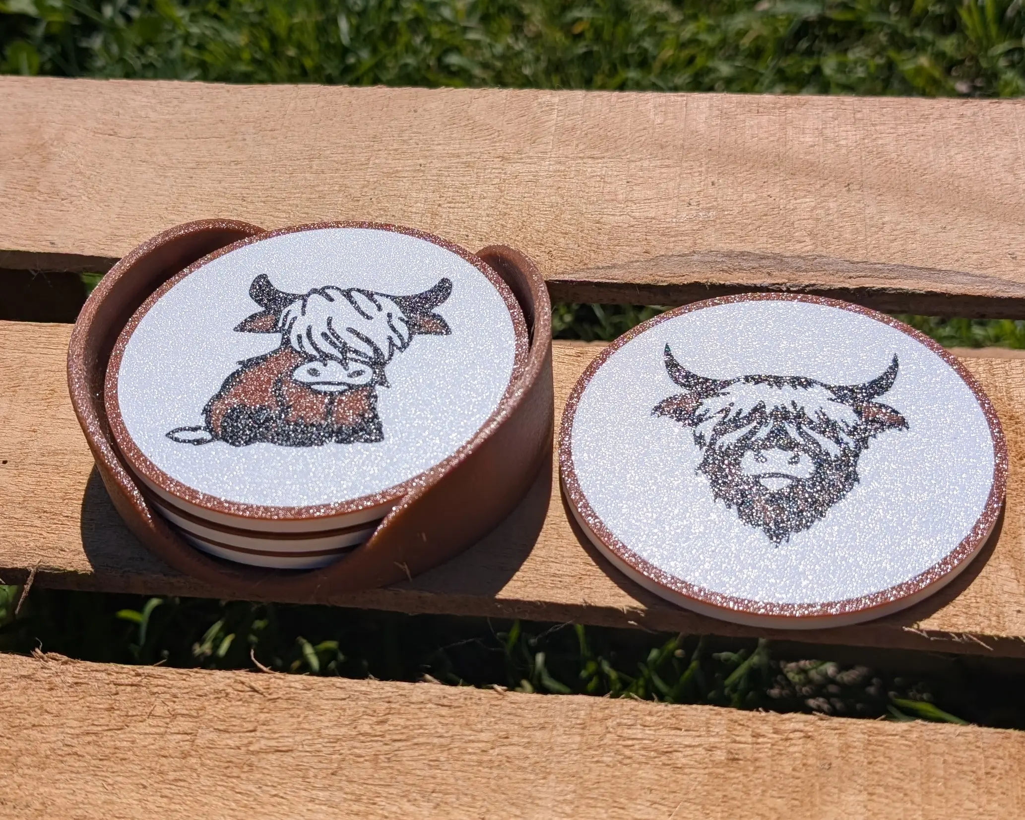 Animals Themed Round Plastic Highland Cow Coaster Set - 4 in Diameter, 5 mm Thick, Durable, Non-Slip, Waterproof, Cork Back, with Holder, Decorative Kitchen Tableware Accessory for Dining Table, Fits Large Mugs, 4 Inches Diameter