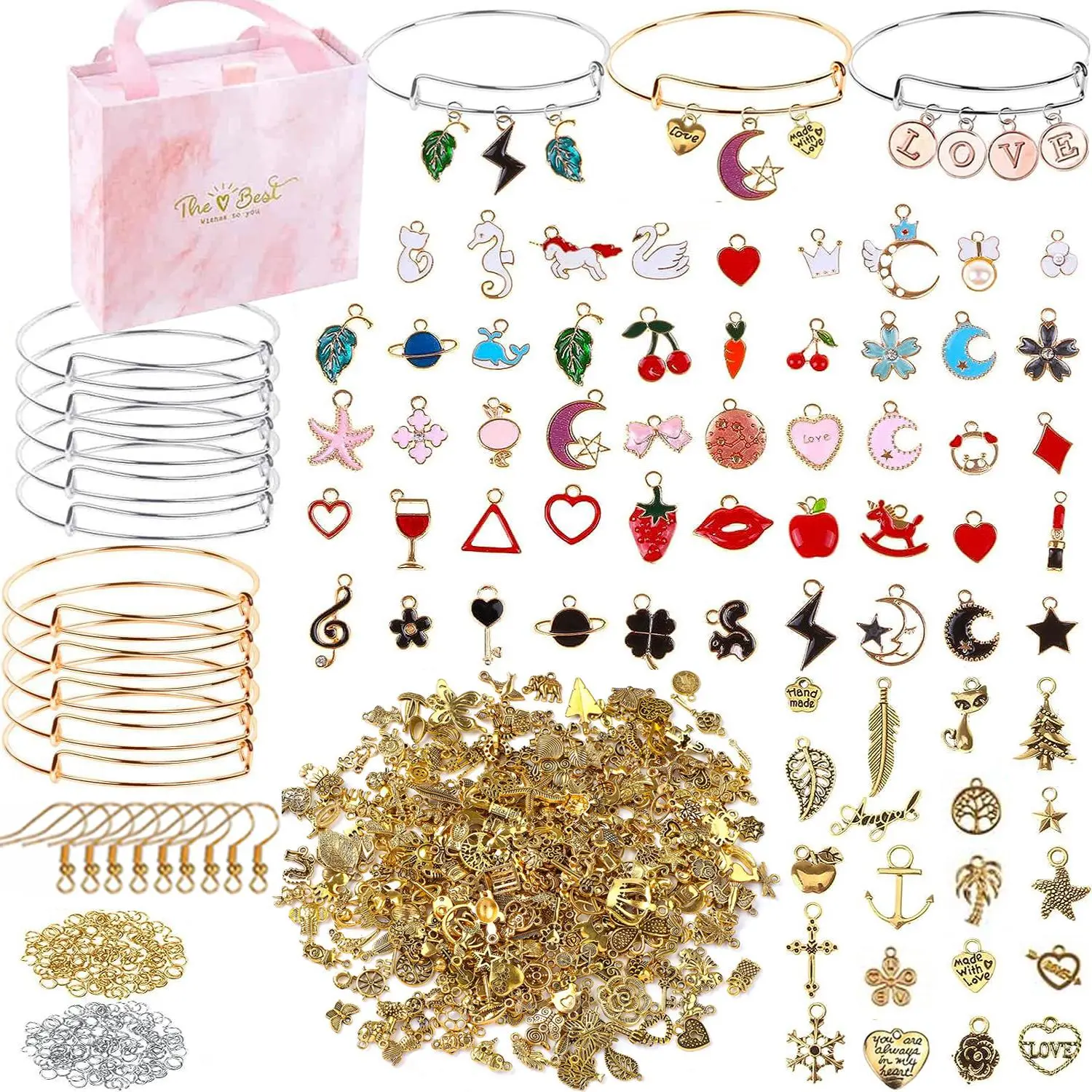 Cute Zinc Alloy DIY Beading Kit, Jewelry Making Kit, Bracelet Kit Set Including 10pcs Mixed Color Blank Bracelets & 40pcs Mixed Style Pendants & 100pcs Open Rings & 20pcs Ear Hooks & 1 Count Gift Box, Beads Charms Accessories