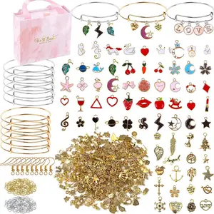 Cute Zinc Alloy DIY Beading Kit, Jewelry Making Kit, Bracelet Kit Set Including 10pcs Mixed Color Blank Bracelets & 40pcs Mixed Style Pendants & 100pcs Open Rings & 20pcs Ear Hooks & 1 Count Gift Box, Beads Charms Accessories