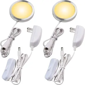 Single LED Kitchen Under Cabinet Puck Light, 120V Direct Wall Plug in Closet Cupboard Night Light, Easy to Mount, Inline On Off Switch, White Wires, 2 Packs, Warm White