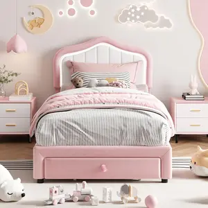 Gaomon Pink Twin Upholstered Bed Frame, Twin Size Platform Bed with Smart LED Headboard, Storage Drawer, Wooden Slats Support, No Box Spring Needed, Easy Assembly for Kids