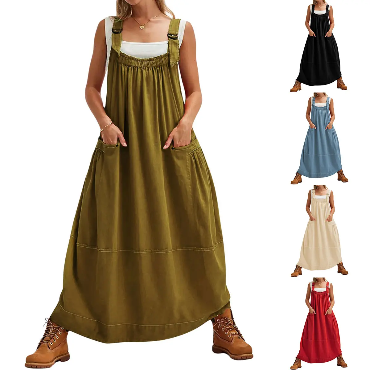 Tanming Women's Cotton Overalls Jumpsuit - Lightweight, Strappy, Square Neck, Comfortable, Relaxed Fit, Adjustable Straps, Big Pockets, Barrel-Style Silhouette, Retro Street Wear for Holidays, Solid