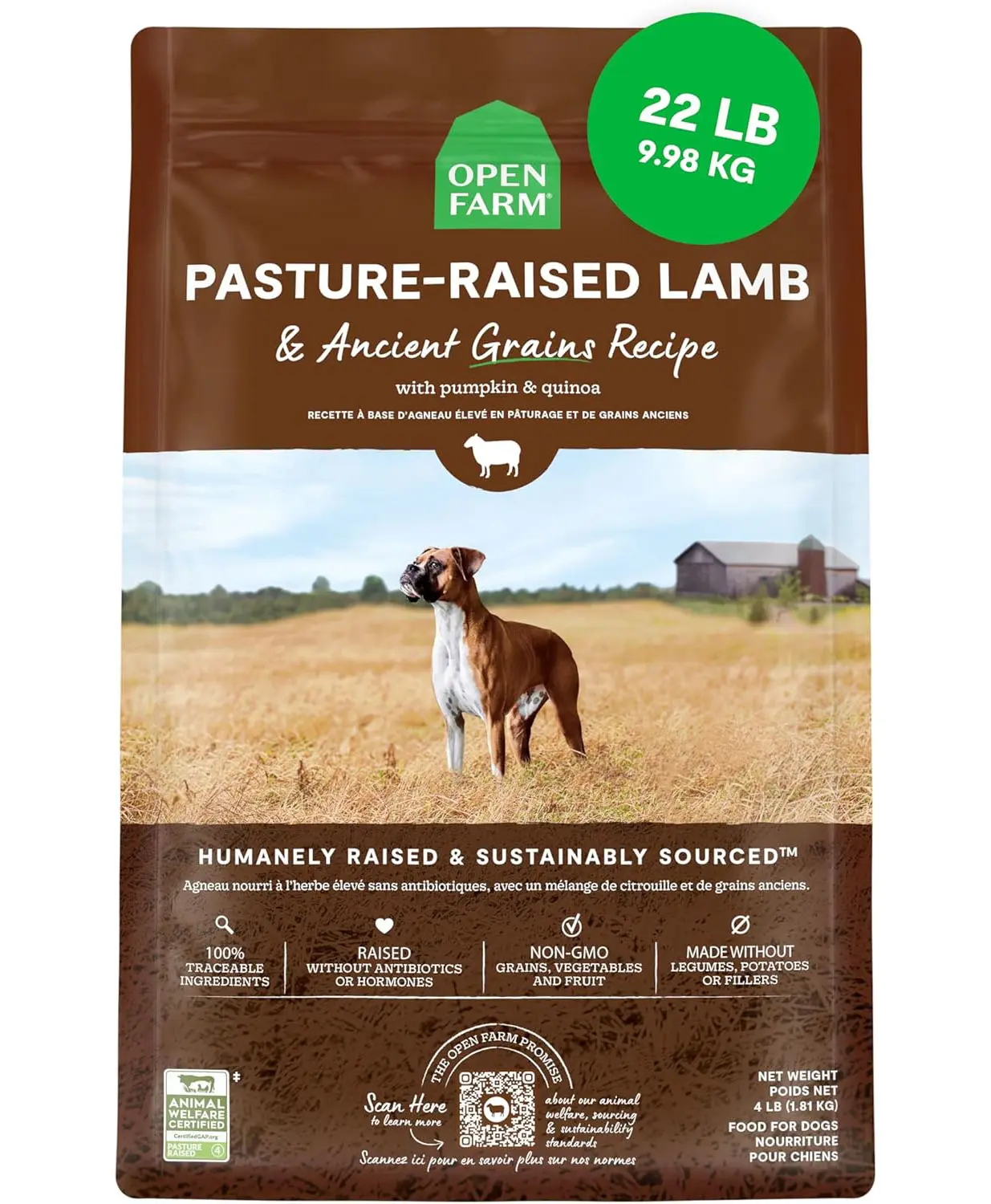 Open Farm, Ancient Grains Dry Dog Food, Protein-Rich & Nutrient Dense, 90% Animal Protein Mixed with Non-GMO Fruits, Veggies and Superfoods, Pasture Raised Lamb Recipe, 22lb Bag