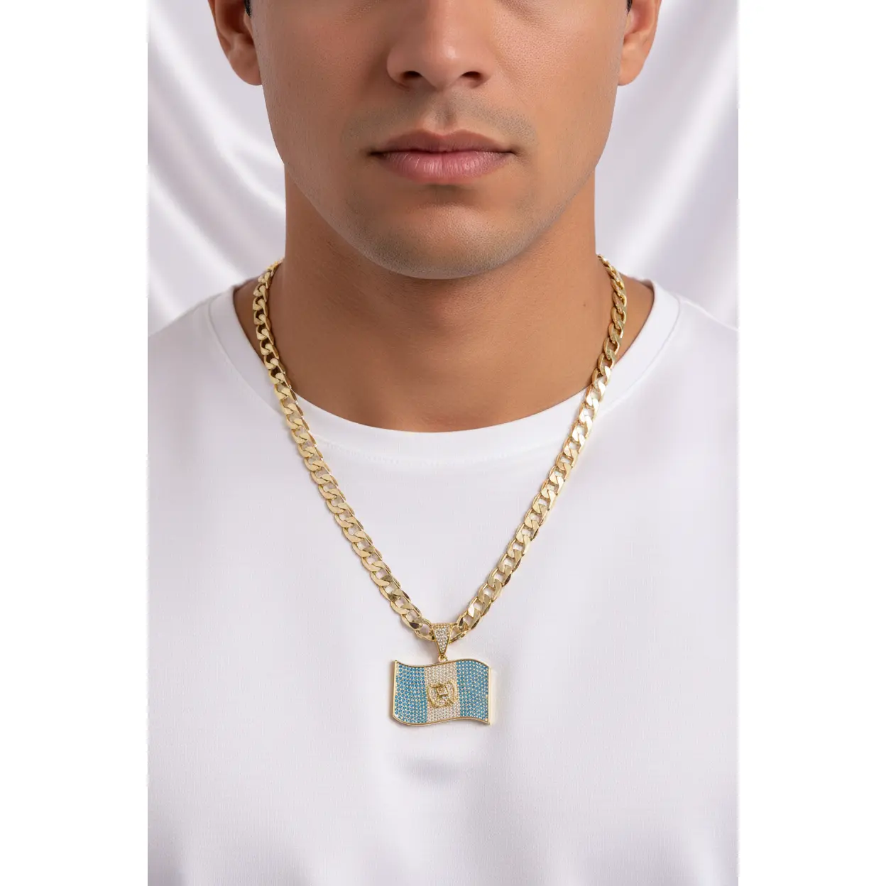 Gold Plated Cuban Chain Necklace with a Crystal Guatemala Flag Pendant, 22-Inch Bold Fashion Jewelry for Daily Wear or Gifting, Cuban Necklaces, One Of A Kind, Brilliant Blue And White Crystals