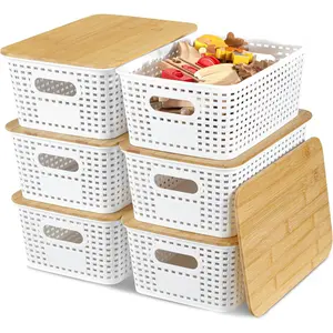 Plastic Storage Baskets with Bamboo Lids for Pantry Organization and Storage Containers Bins for Shelves Drawers Desktop Closet Playroom Classroom Office Home, 6 Pack,White