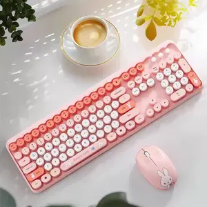 MOFii 1 Set Wireless Computer Keyboard and Mouse Combo, Pink Bunny Round Keycaps, Cute Office Keyboard Mouse for Girls, Universal for Laptop and Desktop, US Qwerty, Set with Keyboard (Batteries Not Included)