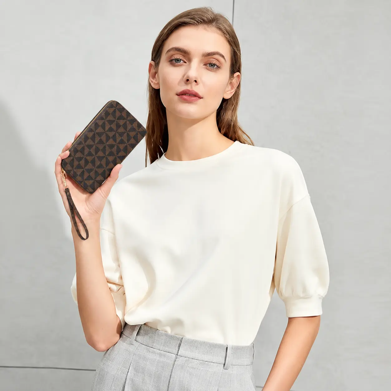 Women's Minimalist Chic Triangular Grid Printed Long Wallet Clutch - Large Capacity Bag with Removable Strap, Surround Card Slot, Zip Closure, Coin Pouch, Casual Accessory for Young Girls