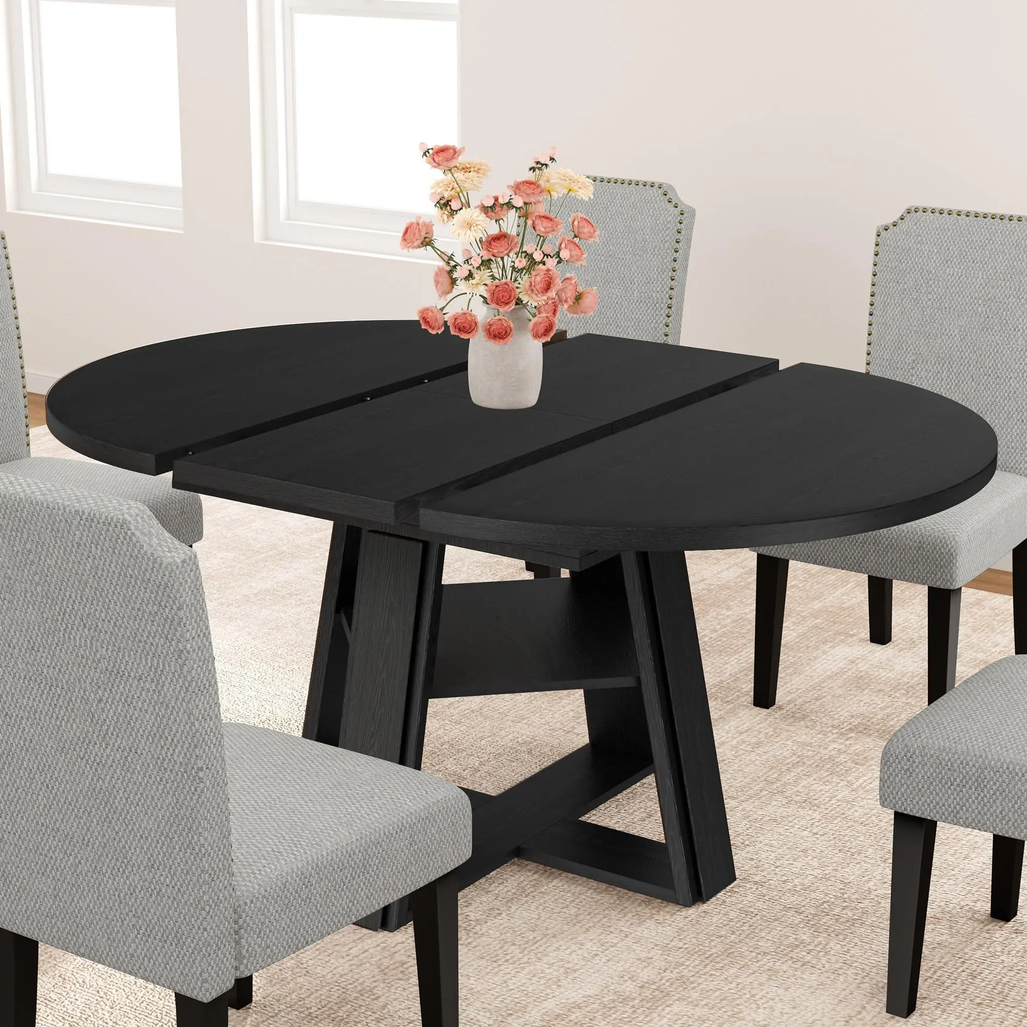 Garvee 43.3‑59.06 Inch Extendable Round‑to‑Oval Dining Table with Wooden Pedestal Base, Modern Farmhouse Expandable Table with Under‑Table Storage Shelf, Seats 4‑8 for Dining Room Apartment Kitchen