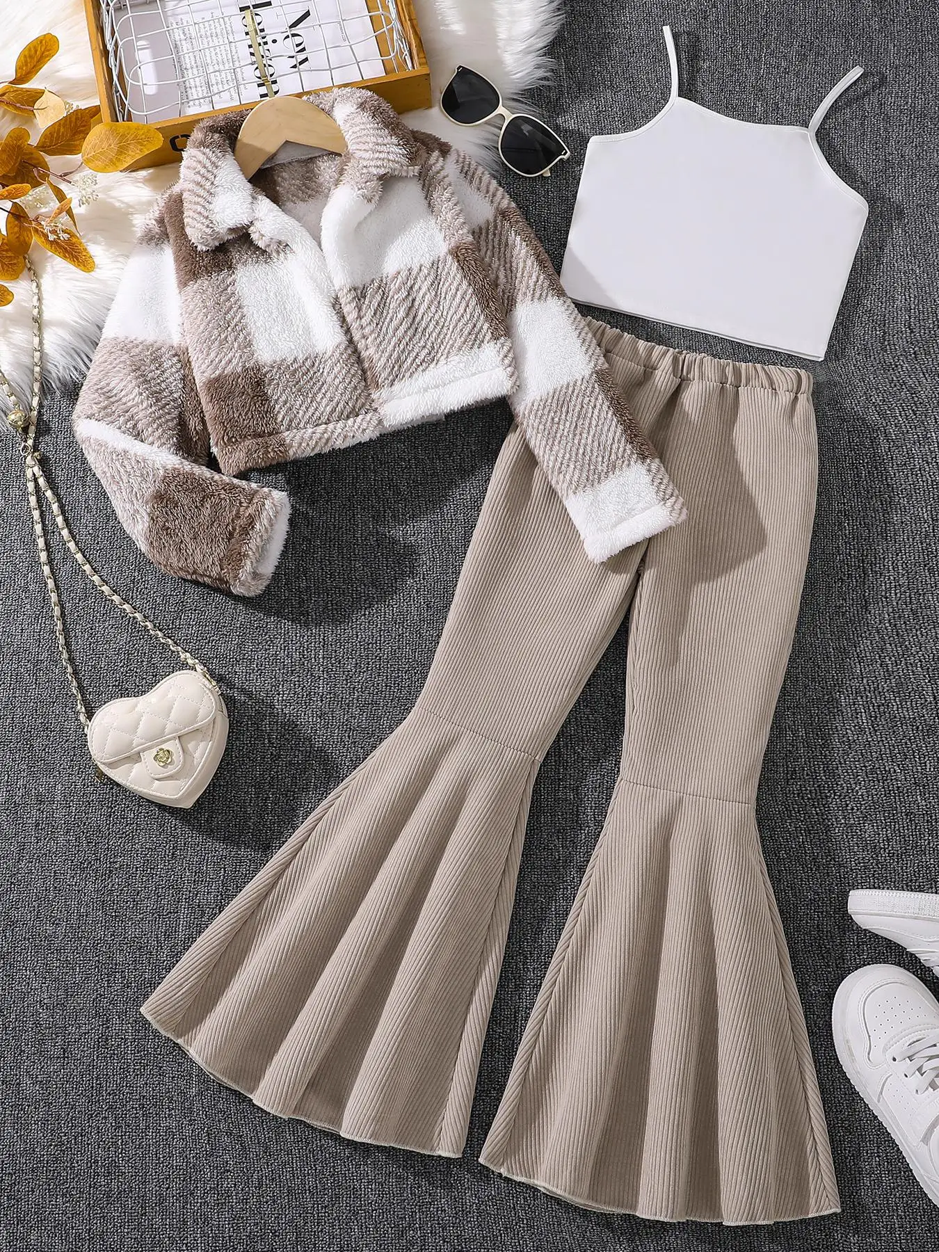 Three-piece Set Girl's Plaid Print Crop Plush Jacket & Crop Cami Top & Elastic Waist Flare Leg Pants, Casual Fashion Cozy Outfits for Daily Outdoor We