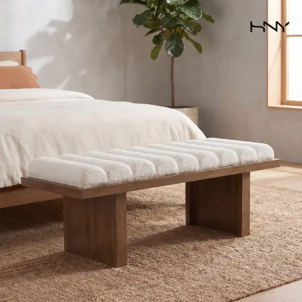 HNY 47-in Modern Sherpa Boucle Upholstered Backless Armless Furniture Ottoman Bench, Padded Cushion, Natural Wooden Base, Premium Finish, Multipurpose, Simple Setup, All Hardware Included, Boucle Footstool for Entryway, Bedroom