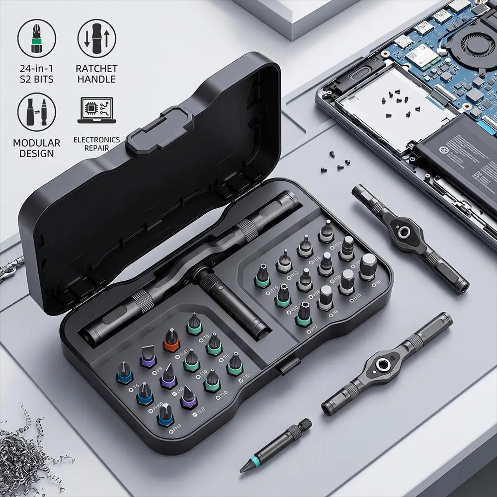【DealsForYouDays】24-in-1 Multifunctional Ratcheting Screwdriver Tool Set - Compact Portable Precision Magnetic DIY Kit with Switchable Torx, Flat-Head Bits for Home Repair, Curtain Rod Installation, Father’s Day Gift, Multifunctional Screwdriver