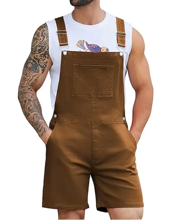 Denim Overalls for Men Jean Shorts Jumpsuit Work Bibs Coveralls with Zipper