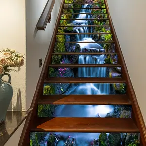 15pcs 3D Waterfall Vinyl Stair Stickers, Contemporary Matte Finish, Space Theme, Self-Adhesive Peel and Stick Riser Decals for Home Office Decor, Wood Surface Compatible, Single Use - 39.37"x 7.08" Decorative Ornaments Removable Wooden Room Multicolor