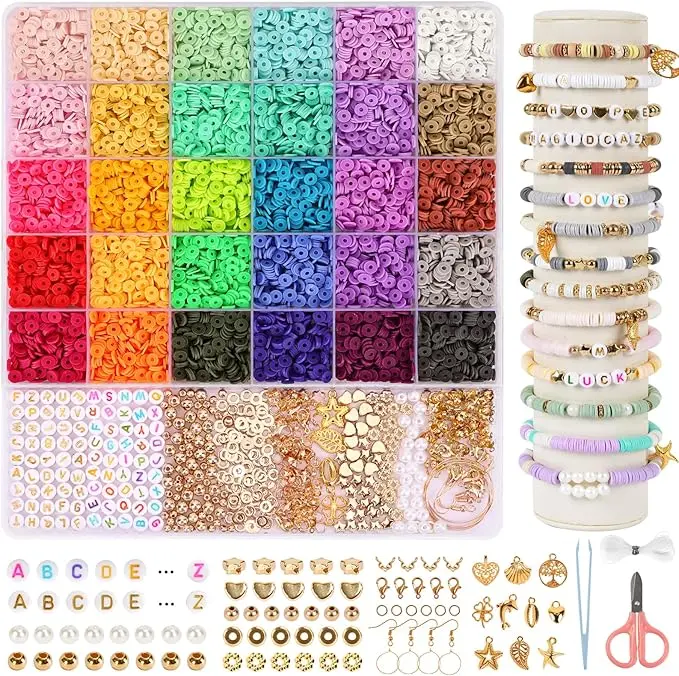 8200pcs Clay Beads Bracelet Making Kit, 30 Colors Flat Preppy Beads for Friendship Bracelets, Polymer Heishi Beads with Charms for Jewelry Making, Holiday Crafts Gift for Girls Adults