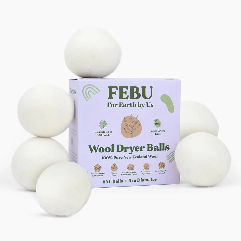 FEBU Wool Dryer Balls, 6-Pack, XL | 100% New Zealand Wool | Natural, Plastic-Free Reusable Fabric Softener for Laundry | Alternative to Dryer Sheets | Reduces Wrinkles, Shortens Drying Time, Zero Waste | Household Items & Home Goods