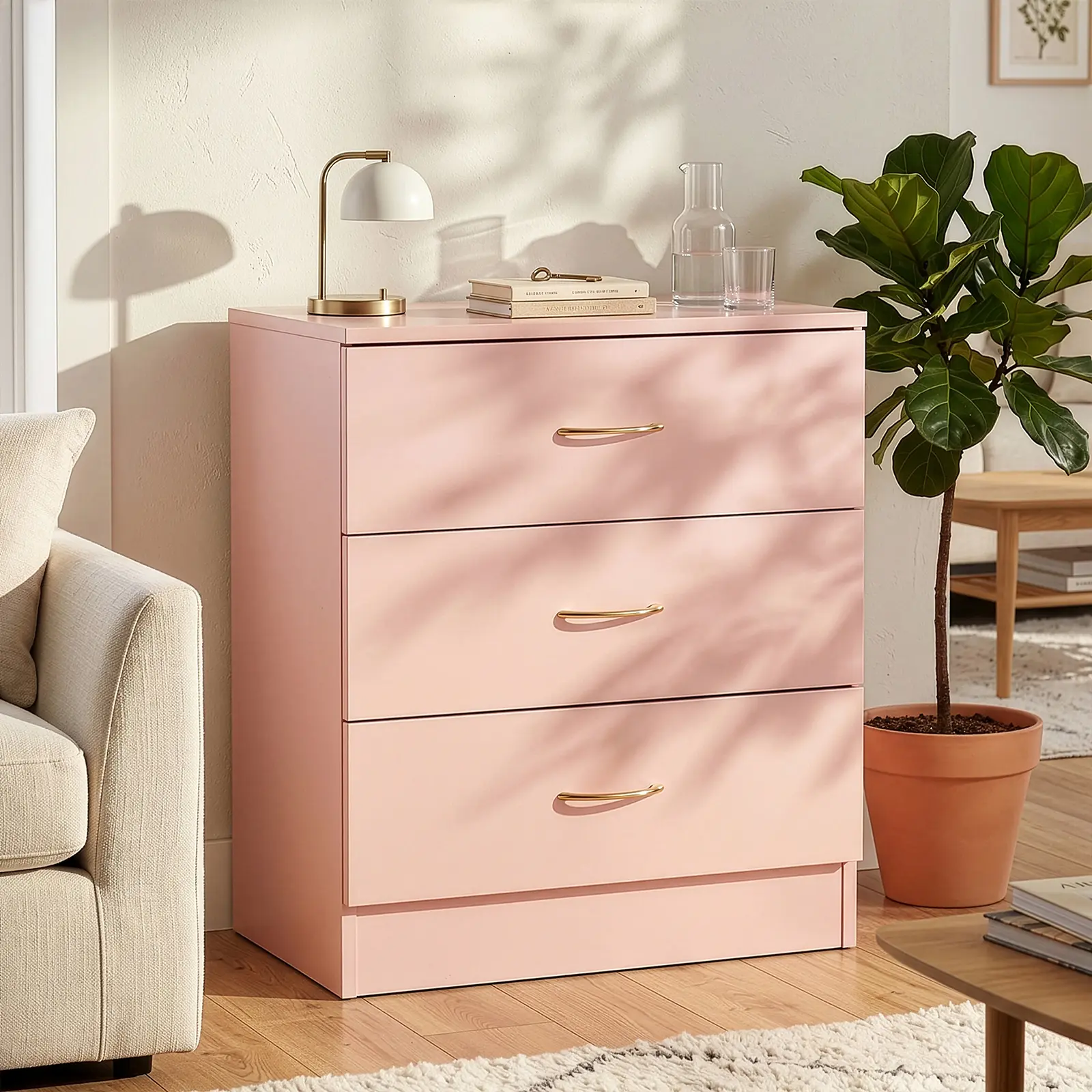 3-Drawer P2 Particleboard Bedside Table with Melamine Finish Drawer Cabinet Lockers 25.98*12.99*22.05in White/Pink