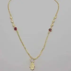 Brazilian 18K Gold Filled Necklace – Red Evil Eye & Hamsa Pendant for Protection