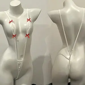 Sexy Adjustable Backless Mini Bikini - Japanese-Style Lace Trim Thong with Red Bow Detail, Semi-Sheer 100% Polyester for Women, Hand Wash Only Summer Swimsuits Swim Bodysuit Set