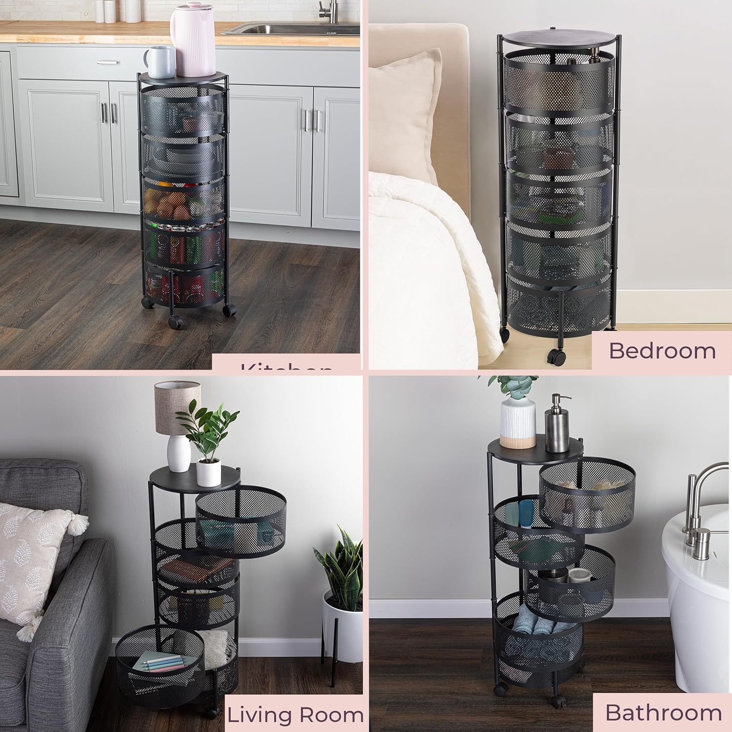 1 Rotatable Multi-Layer Circular Storage Rack, Floor-Standing Rotating Vegetable Basket Organizer, Multi-Layer Rotating Rack for Miscellaneous Items and Fruits, Practical Storage Shelf, Multifunctional Organizer, Metal Basket Rack with Wheels (Black)