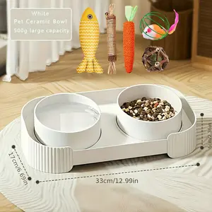 Simple Pet Bowl Cat Food Double Bowl Feeding and Drinking Ceramic Bowl Anti-Tip Neck Protection 500g Large Capacity White