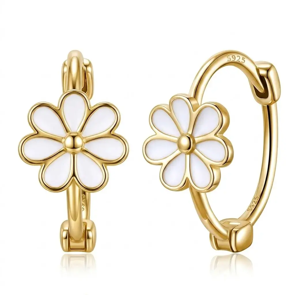 Exquisite Small Daisy Flower Hoop Earrings for Women - Genuine S925 Sterling Silver, 18K Gold Plated, Hypoallergenic White Enamel, Small Hinge Style (0.6cm Flower, 1.2cm Dia) Everyday Jewelry
