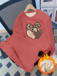Women's Casual Round Neck Sweatshirt Set, Leopard Print Heart Pattern, Thick Fitted Long Sleeve Top & Pants Two-Piece