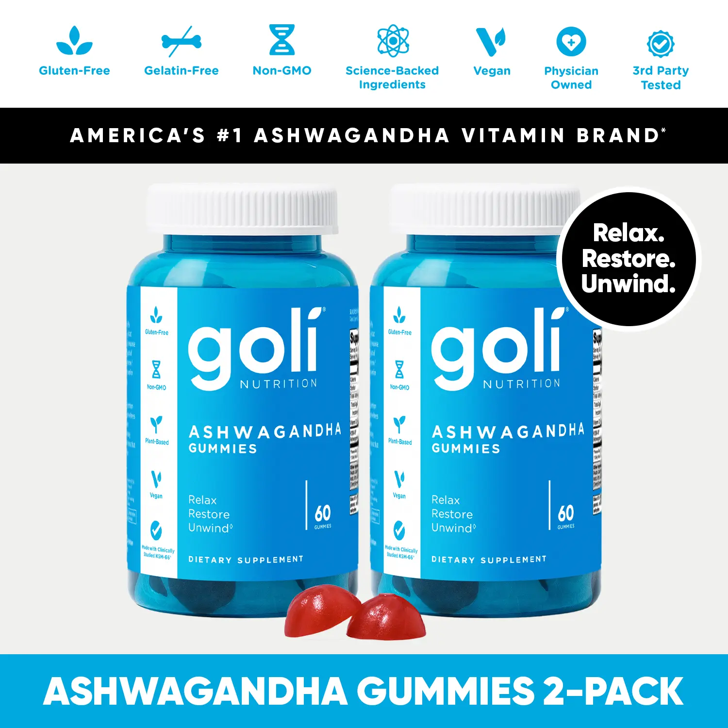 2 Bottles of Goli Ashwagandha & Vitamin D Gummy - Mixed Berry, KSM-66, Vegan, Plant Based, Non-GMO, Gluten-Free & Gelatin Free. 2 Bottles of Goli Ashwagandha & Vitamin D Gummy - Mixed Berry, KSM-66, Vegan, Plant Based, Non-GMO, Gluten-Free & Gelatin Free.
