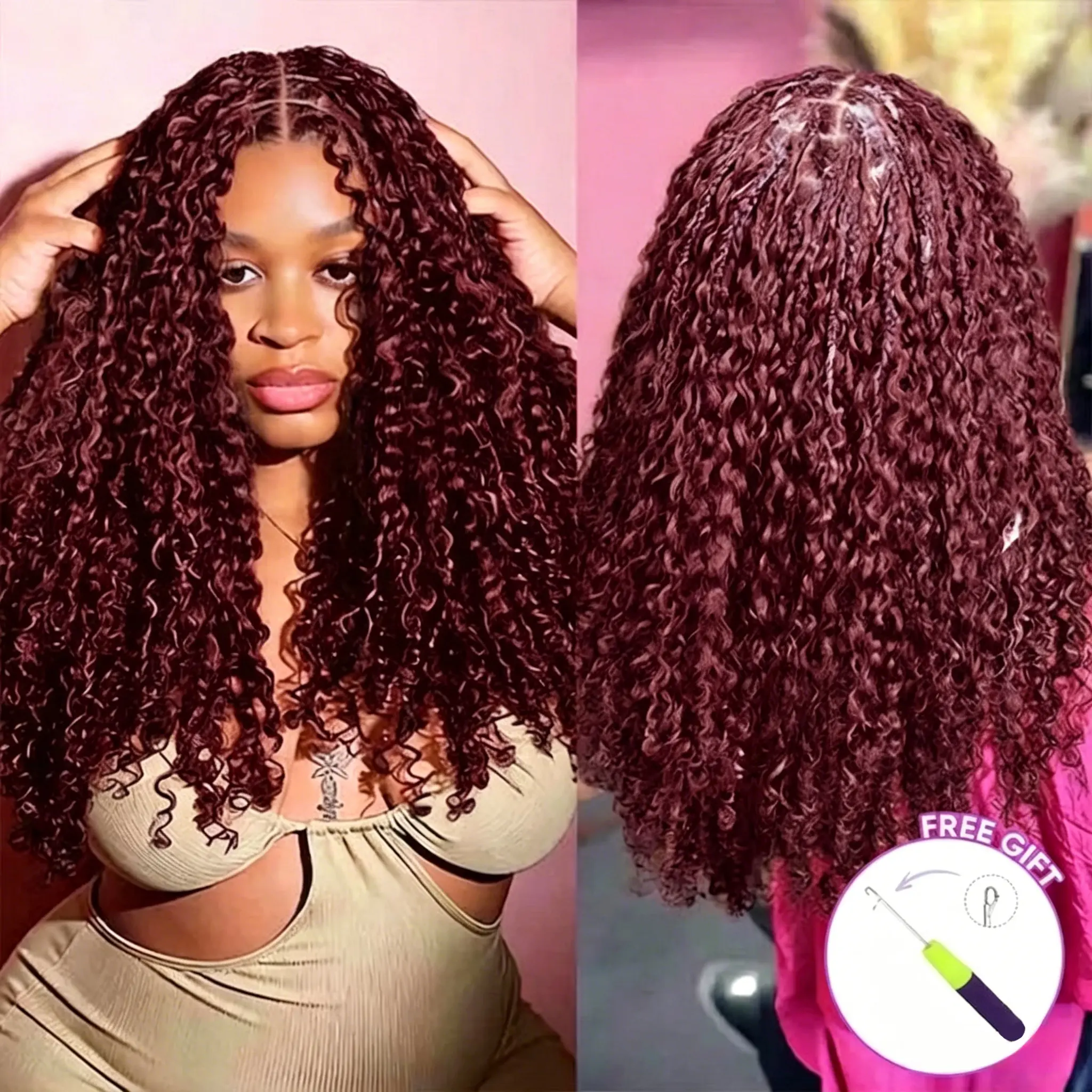 【99J & #33】BLING HAIR  Burmese Curly 99J Burgundy Color & #33 Reddish Brown & #1B Nature Color  Crochet Human Hair 20 Inch 50g/Pack Pre-Separated Looped Feather Crochet Human Hair Bundles Knotless Invisble Human Crochets Hair Extensions for Women