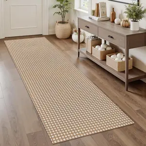Washable Woven Runner Rug 2x6, Khaki  Rug Runners for Hallway Non-Slip Long Kitchen Mat, Modern Plaid Neutral Indoor Throw Runner Carpet for Entry Porch Patio Laundry Bedroom