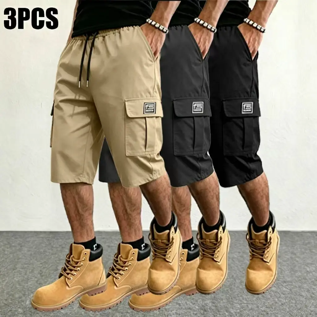 3-pack men’s summer casual cargo shorts, 7/8 length, elastic drawstring waistband, multiple pockets, letter patch decoration, mid-rise regular fit, non-stretch fabric, suitable for everyday commuting and outdoor leisure activities.