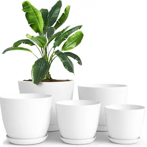 Set of 5 white plastic self-watering planters with drainage holes and saucers (7/6.6/6/5.3/4.8 inches), modern style for indoor & outdoor plants. Ideal for home, office decor and gifting