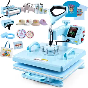 AKEYDIY 5-in-1 Blue Slide-out Heat Press, 15"x15" 360° Swing Away Professional Sublimation Machine for T-shirt Printing, Mug Transfer, Perfect for T-shirts, Mugs, Baseball Caps, Plates, Mousepads, mothersdaygift