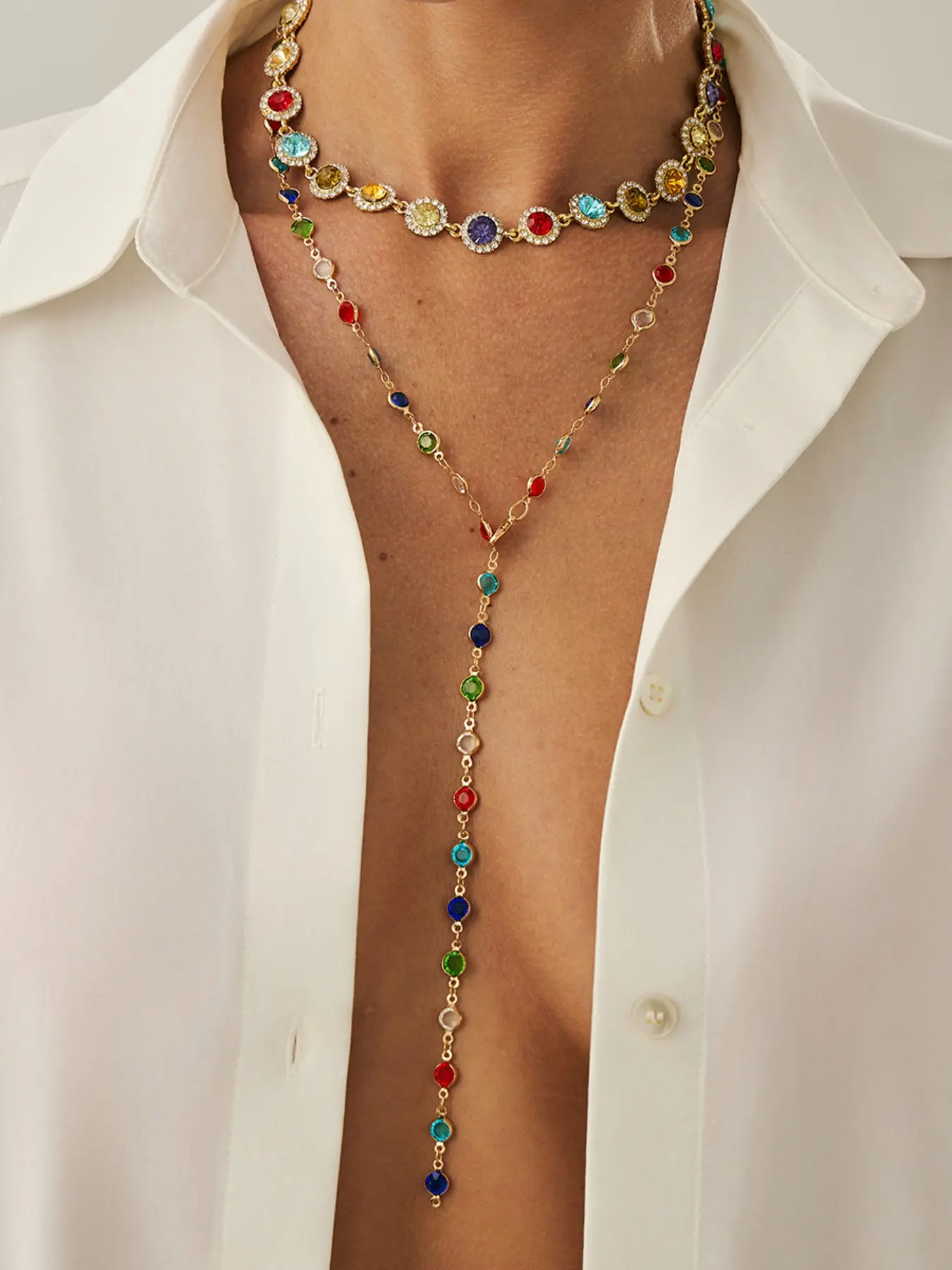 Women's Colorful Necklace, Body Chain Jewelry, Sparkling Rhinestones Chains, Long Multicolor Beaded Necklace, Rhinestone Pendant, Holiday Gift Accessory, Exquisite Chain Jewelry