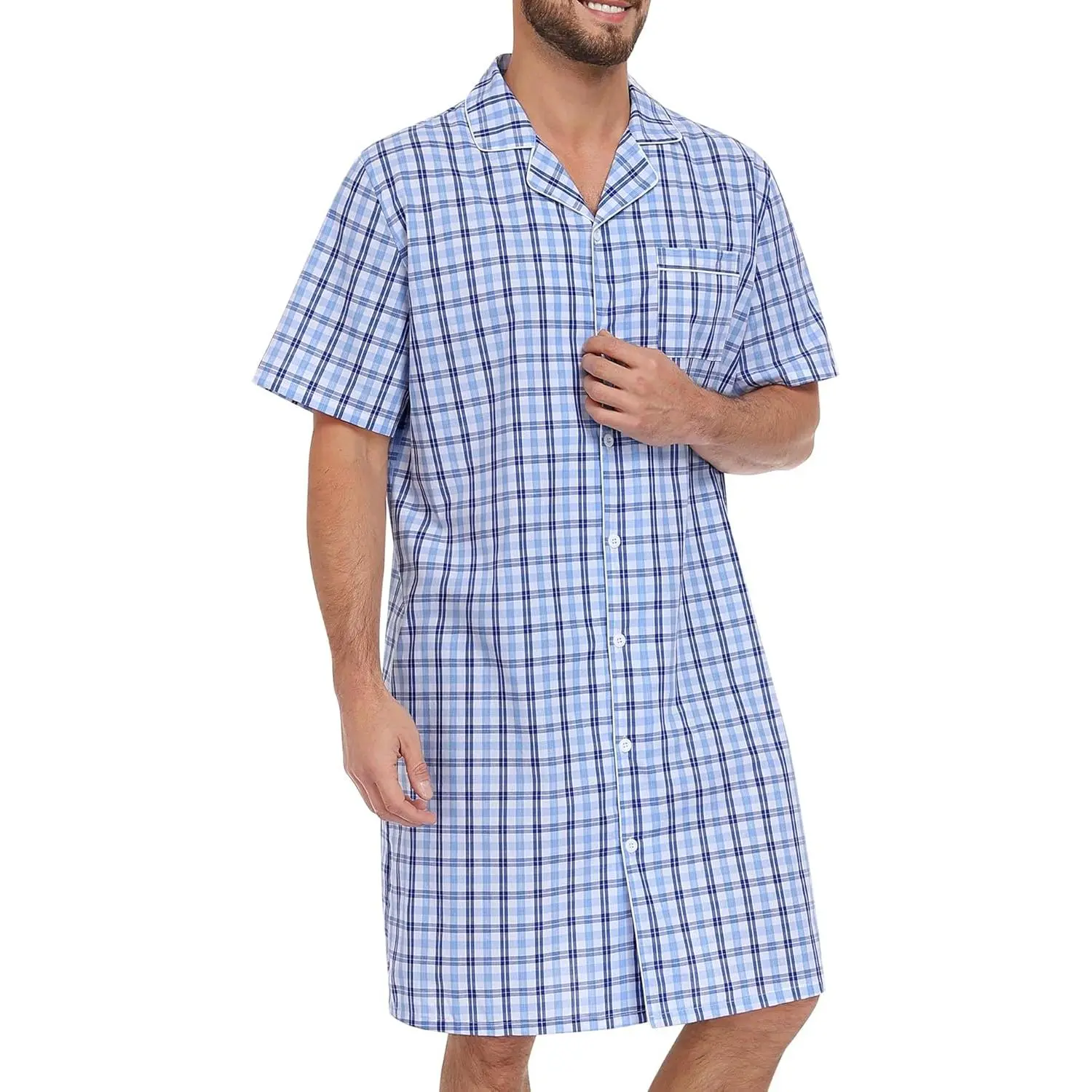 SWOMOG Men's 100% Cotton Button-Down Nightshirt - Natural Stripe Fabric Loungewear, Comfy Short-Sleeve Garment for Sleeping, S-XXXL, Menswear
