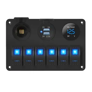Eunik 6 Gang Marine Rocker Switch Panel Waterproof 12 Volt, Boat Toggle Switch Panel 12V Blue LED Lighted for Boat Car RV UTV with USB Cigarette Lighter Socket Voltmeter dip switch